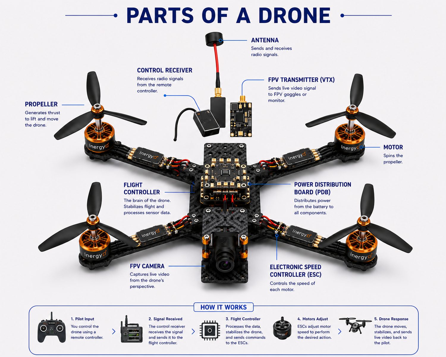 Labelled diagram of a quadcopter identifying propellers, motors, ESCs, power distribution board, flight controller, FPV camera, transmitter, receiver and antenna.
